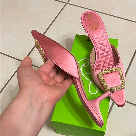 Sam Edelman Pink Satin Mules with Gold Buckle - Picture 6 of 9